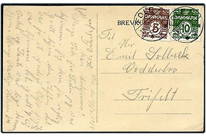 5 øre og 10 øre Bølgelinie på brevkort annulleret med brotype IIb Fole d. 18.4.1925 til Frifelt.
