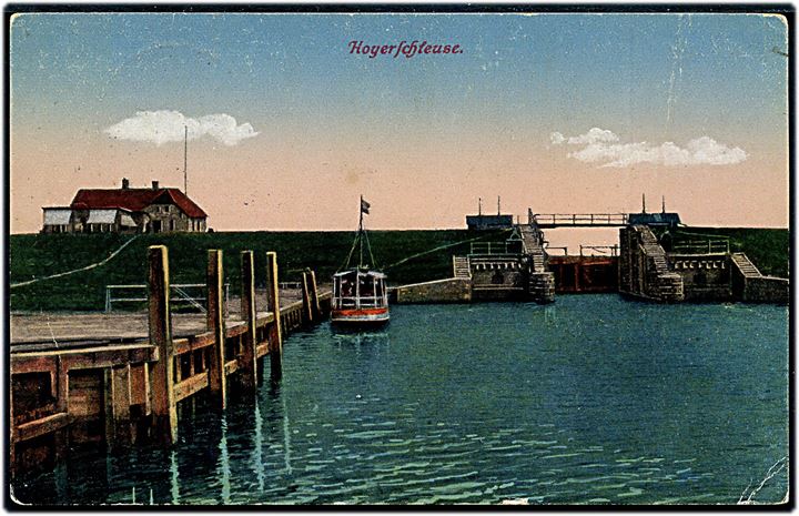 Ufrankeret feltpostkort (Hoyer Schleuse) stemplet Westerland d. 14.9.1918 til Bremerhaven - eftersendt til Lehe. Violet censurstempel Ue. K. Tondern. 