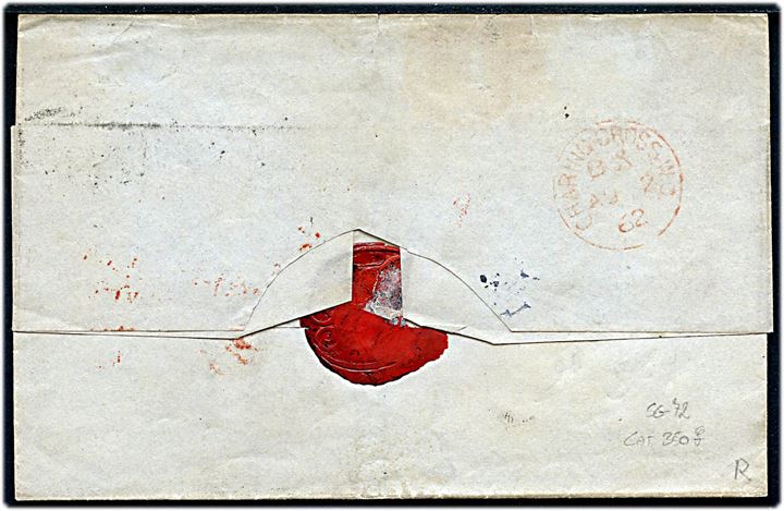 1 sh. Victoria single på brev annulleret WC 3 og på bagsiden sidestemplet Charing Cross W.C. d. 2.8.1862 til New York, USA. Rødt stempel PAID og 5 Cents.
