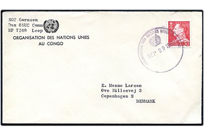 30 øre Fr. IX på tjenestekuvert fra Organisation des Nations Unies au Congo annulleret med violet gummistempel Organisation des Nations Unies au Congo d. 29.9.1962 til København. Fra dansk FN-styrke i Leopoldville, Congo.
