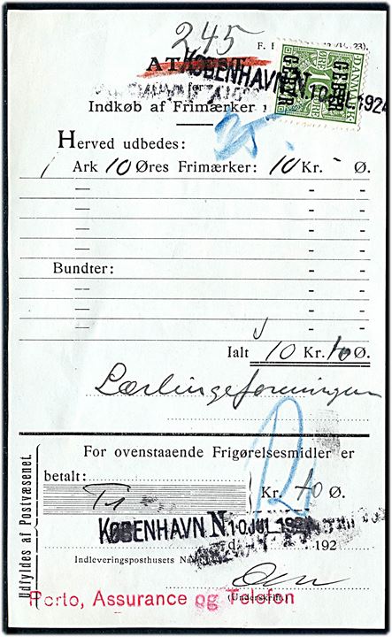 10 øre Gebyr-provisorium på Attest for Indkøb af Frimærker annulleret med kontorstempel København N d. 10.7.1924.