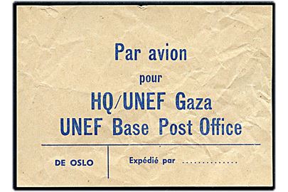 Fortrykt luftpost brevbundtvignet fra Oslo for post til HQ UNEF Gaza via UNEF Base Post Office.