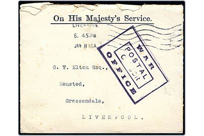 Ufrankeret OHMS brev sendt lokalt i Liverpool d. 8.1.1916 med rammestempel: War Office / Postal Censor.