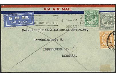 Kenya & Uganda. 5 c., 20 c. og 50 c. på 75 c. frankeret luftpostbrev fra Nairobi d. 1.12.1933 via Kjøbenhavn-Warnemünde til København, Danmark.