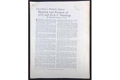Meaning and Purpose of AV2 and O.A.T. Markings, artikel af Donald D. Smythe fra American Philatelist 1962. Tidlig artikel om de særlige luftpoststempler. Fotokopi 13 sider.