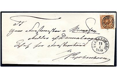 4 sk. 1854 udg. tæt klippet på brev annulleret med nr.stempel 99. og sidestemplet antiqua Fredensborg d. 15.1.1858 til Forstmester v. Wimpffen, Ridder af Dannebrog, Chef for Forstcontoiret i Kjøbenhavn.