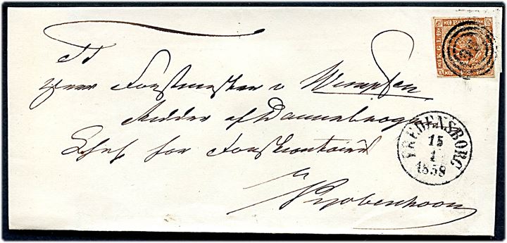 4 sk. 1854 udg. tæt klippet på brev annulleret med nr.stempel 99. og sidestemplet antiqua Fredensborg d. 15.1.1858 til Forstmester v. Wimpffen, Ridder af Dannebrog, Chef for Forstcontoiret i Kjøbenhavn.