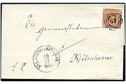 4 sk. 1854 udg. på tjenestebrev påskrevet K.T. annulleret med nr.stempel 49 og sidestemplet antiqua Nykjøbing i Sjælland d. 19.11.1856(?) til Generalstaben i Kjøbenhavn.
