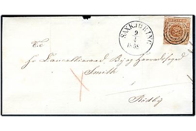 4 sk. 1854 (hj. skade) på brev annulleret med nr.stempel 62 og sidestemplet antiqua Saxkjøbing d. 9.4.1858 til Kancelliraad, By og Herredsfoged Smidth i Rødby. Rødt kryds af ukendt betydning.