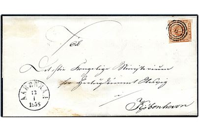 4 sk. 1854 udg. på brev annulleret med nr.stempel 6 og sidestemplet antiqua Aabenraa d. 13.4.1858 til Det kongelige Ministerium for Hertugdømmet Slesvig i Kjøbenhavn.