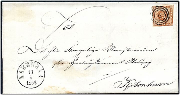 4 sk. 1854 udg. på brev annulleret med nr.stempel 6 og sidestemplet antiqua Aabenraa d. 13.4.1858 til Det kongelige Ministerium for Hertugdømmet Slesvig i Kjøbenhavn.