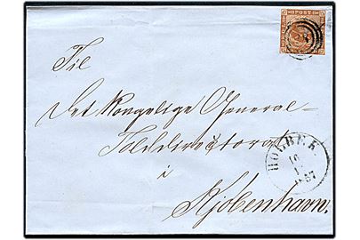 4 sk. 1854 tæt klippet på brev annulleret med nr.stempel 28 og sidestemplet antiqua Holbek. d. 16.1?.1857 til Kjøbenhavn.