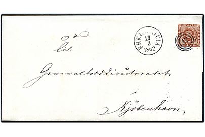 4 sk. 1858 udg. på brev annulleret med nr.stempel 17 og sidestemplet antiqua Fredericia d. 13.3.1862 til Kjøbenhavn.