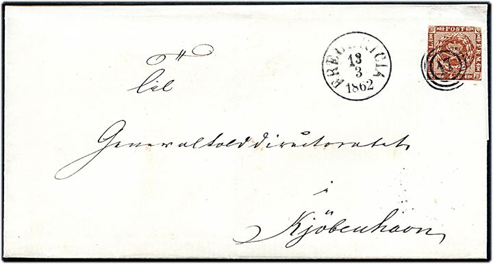 4 sk. 1858 udg. på brev annulleret med nr.stempel 17 og sidestemplet antiqua Fredericia d. 13.3.1862 til Kjøbenhavn.