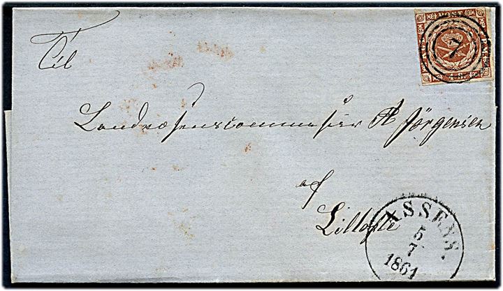 4 sk. 1858 udg. på brev annulleret med nr.stempel 7 og sidestemplet antiqua Assens. d. 5.7.1861 til Liltofte.