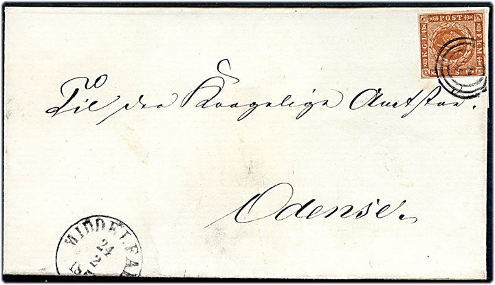 4 sk. 1854 udg. på brev annulleret med nr.stempel 42 og sidestemplet antiqua Middelfart d. 24.2.185x til Odense.
