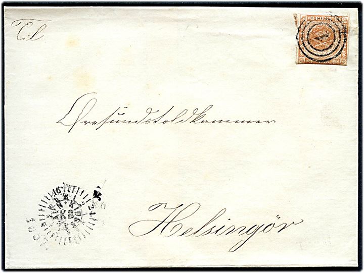 4 sk. 1854 på brev annulleret med nr.stempel 1 og sidestemplet med kompasstempel i Kiøbenhavn d. 23.2.1857 til Øresunds Toldkammer i Helsingør.