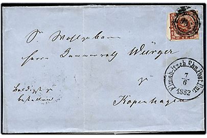 4 sk. 1858 udg. på brev annulleret med nr.stempel 206 og sidestemplet med antiqua bureaustempel Elmsh-Itzeh.Ebn.Post Bur. d. 7.6.1862 til København. 