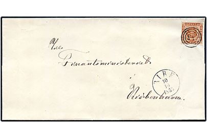 4 sk. 1854 udg. på brev annulleret med nr.-stempel 55 og sidestemplet antiqua Ribe d. 10.10.1855 til Kjøbenhavn.