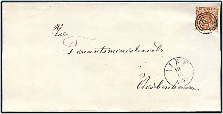 4 sk. 1854 udg. på brev annulleret med nr.-stempel 55 og sidestemplet antiqua Ribe d. 10.10.1855 til Kjøbenhavn.