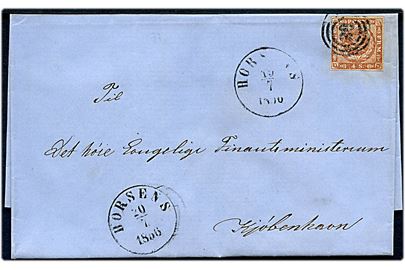4 sk. 1854 udg. på brev annulleret med nr.-stempel 30 og sidestemplet antiqua Horsens nåde d. 19.7.1856 og 20.7.1856 til Kjøbenhavn.
