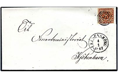 4 sk. 1858 udg. på brev annulleret med nr.-stempel 99. og sidestemplet antiqua Fredensborg d. 4.1.1861 til Kjøbenhavn.