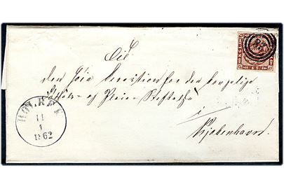 4 sk. 1858 udg. på brev annulleret med nr.-stempel 28 og sidestemplet antiqua Holbek d. 11.1.1862 til Kjøbenhavn.