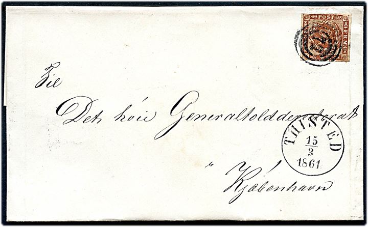 4 sk. 1858 udg. på brev annulleret med nr.-stempel 72 og sidestemplet antiqua Thisted d. 15.3.1861 til Kjøbenhavn.