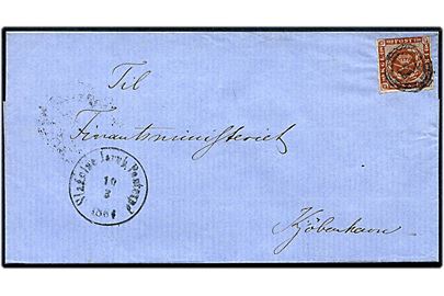 4 sk. stukken kant på brev annulleret med godt nr.stempel 178 og sidestemplet antiqua Slagelse Jernb: Postexped: d. 10.3.1864 til Kjøbenhavn.