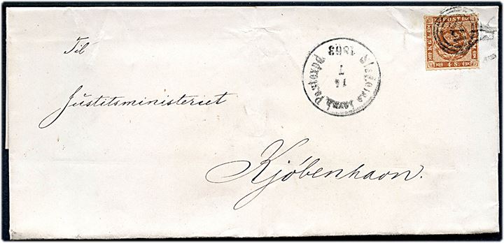 4 sk. stukken kant på brev annulleret med godt nr.-stempel 178 og sidestemplet antiqua Slagelse Jernb: Postexped: d. 14.7.1863 til Kjøbenhavn.