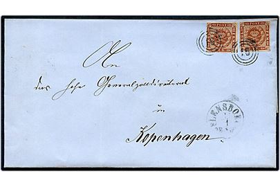 4 sk. stukken kant (2) på dobbeltbrev annulleret med nr.stempel 16 og sidestemplet antiqua Flensborg d. 1.1.1864 til Generaltolddirektoratet i Kjøbenhavn. Ank.stemplet i Kjøbenhavn d. 4.1.1864.