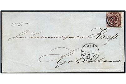 4 R.B.S. Thiele I på brev annulleret med stumt stempel og sidestemplet antiqua Helsingør d. 20.8.1852 til Kjøbenhavn. På bagsiden stort laksegl fra Det Helsingørske kongl. priv. Skydeselskab. 
