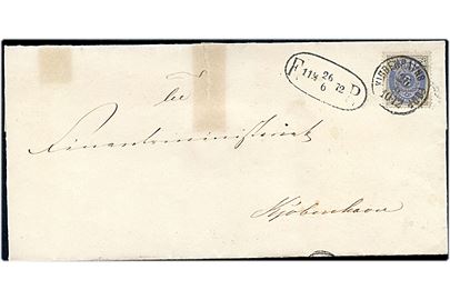 2 sk. Tofarvet single på fodpostbrev annulleret med lapidar Kiøbenhavns Fodp. d. 26.6.1872 og sidestemplet ovalt F:P: d. 26.6.1872. Skjolder fra tape.