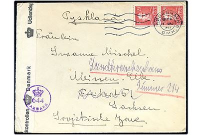 20 øre Chr. X i parstykke på brev fra København d. 11.5.1947 til Meissen, Tyskland - eftersendt lokalt. Åbnet af dansk efterkrigscensur (krone)/644/Danmark.