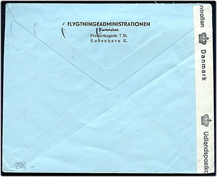 40 øre Chr. X på fortrykt kuvert fra Flygtningeadministrationen Kartoteket i København d. 23.7.1947 til Tysk Røde Kors Eftersøgningstjeneste i Flensburg, Tyskland. Åbnet af dansk efterkrigscensur (krone)/700/Danmark.