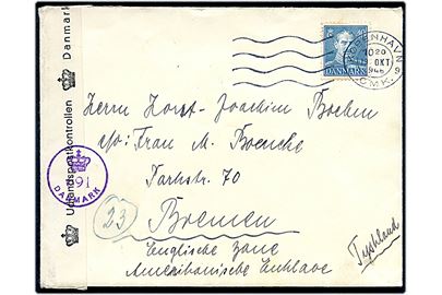 40 øre Chr. X på brev fra København d. 19.10.1946 til Bremen, Tyskland. Åbnet af dansk efterkrigscensur (krone)/691/Danmark.