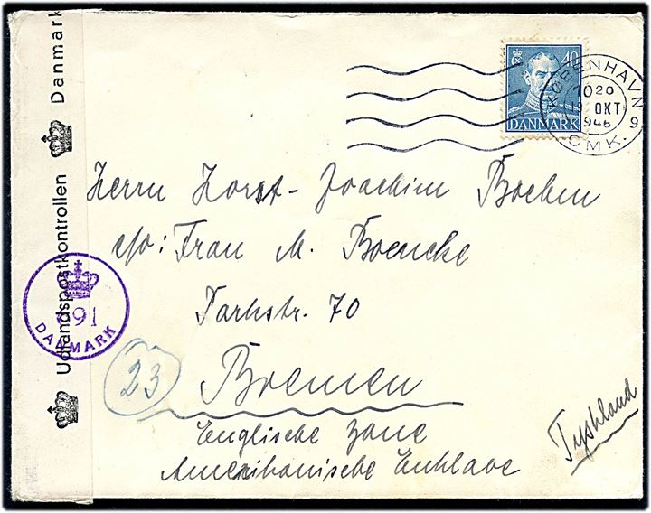 40 øre Chr. X på brev fra København d. 19.10.1946 til Bremen, Tyskland. Åbnet af dansk efterkrigscensur (krone)/691/Danmark.