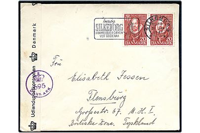 20 øre Tycho Brahe i parstykke på brev fra Silkeborg d. 31.1.1947 til Flensburg, Tyskland. Åbnet af dansk efterkrigscensur (krone)/695/Danmark.