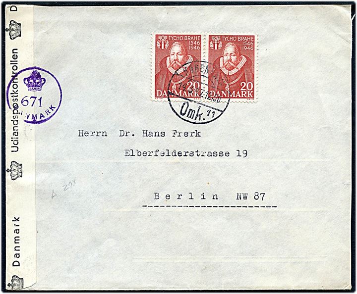 20 øre Tycho Brahe i parstykke på brev fra København d. 14.3.1947 til Berlin, Tyskland. Åbnet af dansk efterkrigscensur (krone)/671/Danmark.