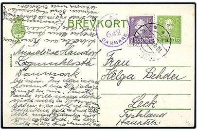 15 øre Chr. X helsagsbrevkort (fabr. 156) opfrankeret med 10 øre Chr. X fra Løgumkloster d. 10.4.1946 til Leck, Tyskland. Dansk eftercensur (krone)/642/Danmark.