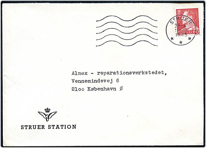 60 øre Fr. IX på fortrykt DSB kuvert fra Struer Station annulleret Struer d. 28.4.1969 til København.