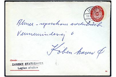 50 øre helsagskuvert (fabr. 84) stemplet Løgten d. 13.3.1967 til København. Afs.-stempel Danske Statsbaner / Løgten station.
