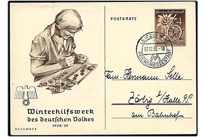 6+4 pfg. Winterhilfswerk illustreret helsagsbrevkort fra Leipzig d. 17.12.1938 til Halle. Lille rift.