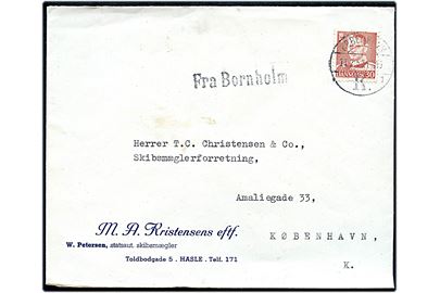 30 øre Fr. IX på brev fra Hasle annulleret i København d. 11.2.1954 og sidestemplet Fra Bornholm til København.