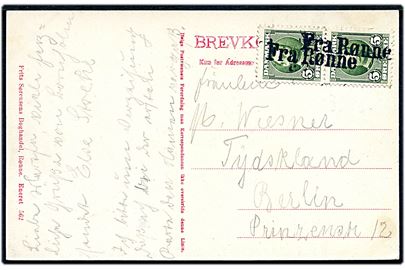 5 øre Fr. VIII i parstykke på brevkort annulleret med skibsstempel Fra Rønne til Berlin, Tyskland.