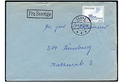 1,30 kr. Europa udg. på brev annulleret Rønne d. 30.8.1977 og sidestemplet Fra Sverige til Lüneburg, Tyskland.