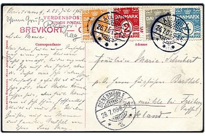 1 øre, 2 øre, 3 øre og 4 øre Bølgelinie på firefarve frankeret brevkort (Christiansø) dateret på Christiansø d. 25.7.1906 og annulleret Allinge d. 26.7.1906 til Bienenmühle, Tyskland.