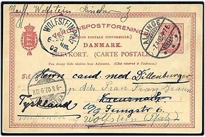 10 øre Våben helsagsbrevkort fra Allinge d. 7.8.1902 til Kreuznach, Tyskland - eftersendt til Wolfstein.