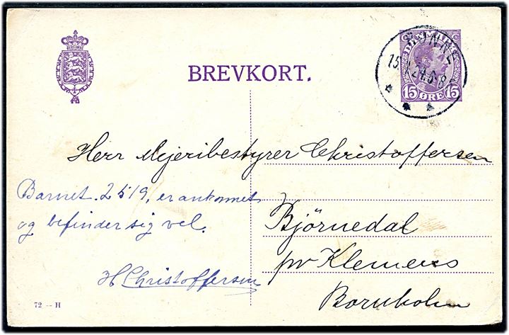 15 øre Chr. X helsagsbrevkort (Fabr. 72-H) med fortrykt meddelelse fra Komitéen for tyske Børns Ferieophold i Danmark stemplet Rønne d. 15.4.1924.
