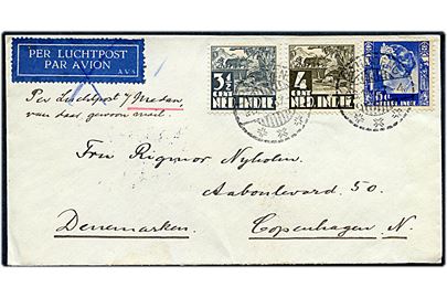 3½ c., 4 c. Landbrug og 15 c. Wilhelmina på luftpostbrev fra Bandoeng d. 30.11.1937 påskrevet Per Luchtpost n/ Medan van daar gewoon mail til København, Danmark. Luftpostetiket overstreget.